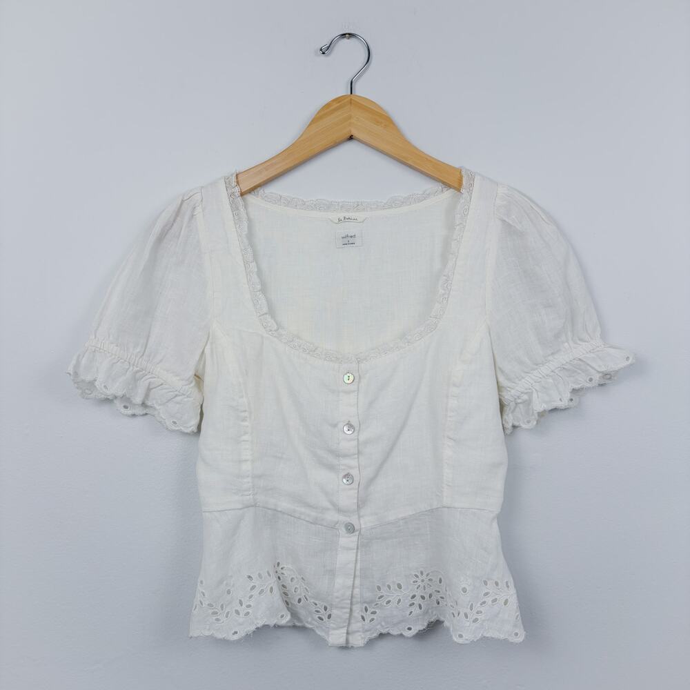 Aritzia Wilfred La Boheme Linen Eyelet Peplum Blouse White 0